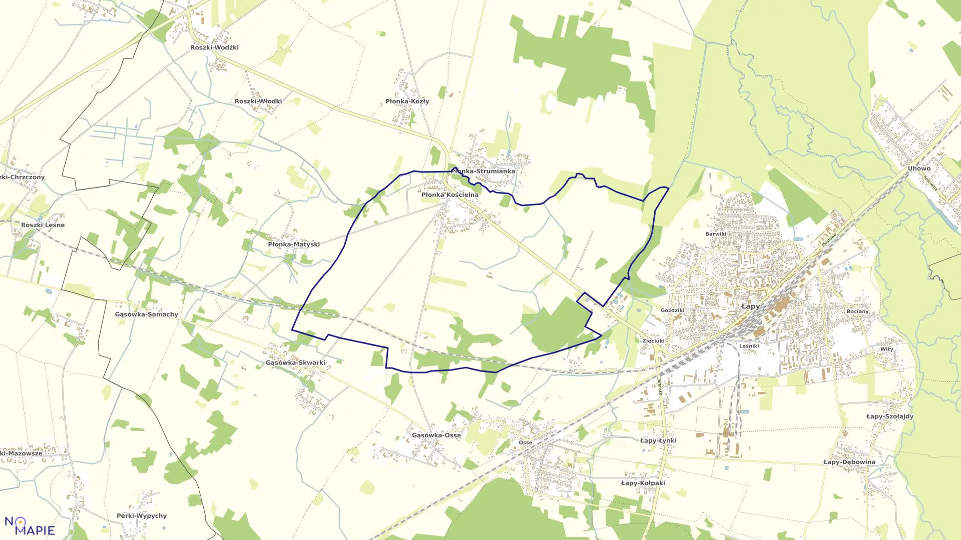 Mapa obrębu PŁONKA KOŚCIELNA w gminie Łapy