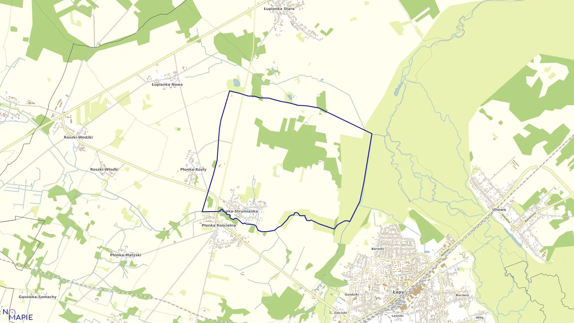 Mapa obrębu PŁONKA STRUMIANKA w gminie Łapy